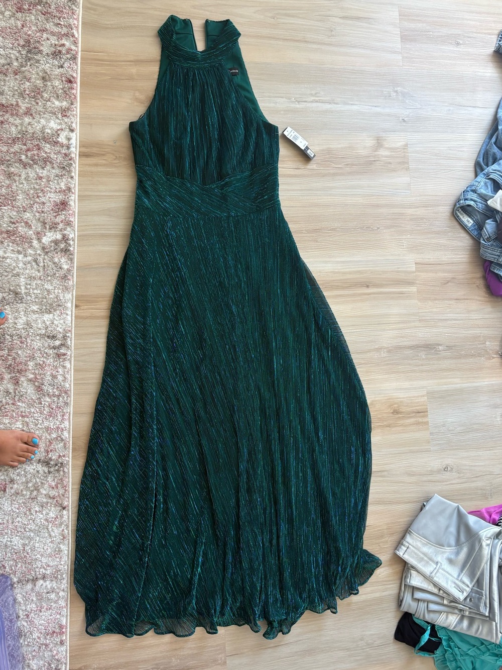 Betsy & Adam Emerald Green Metallic Halter Maxi Dress